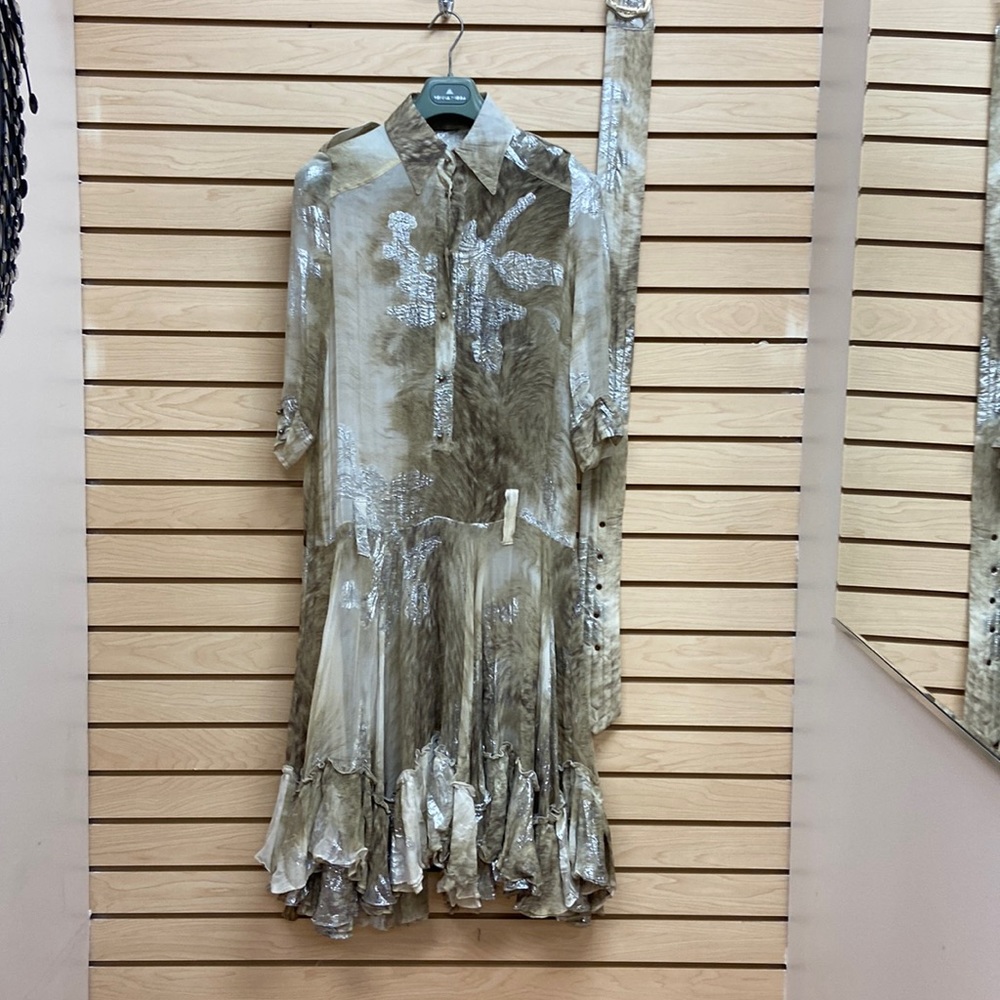 Just Cavalli Silver and Taupe Long Sleeve Ruffle-Hem Shirt Dress